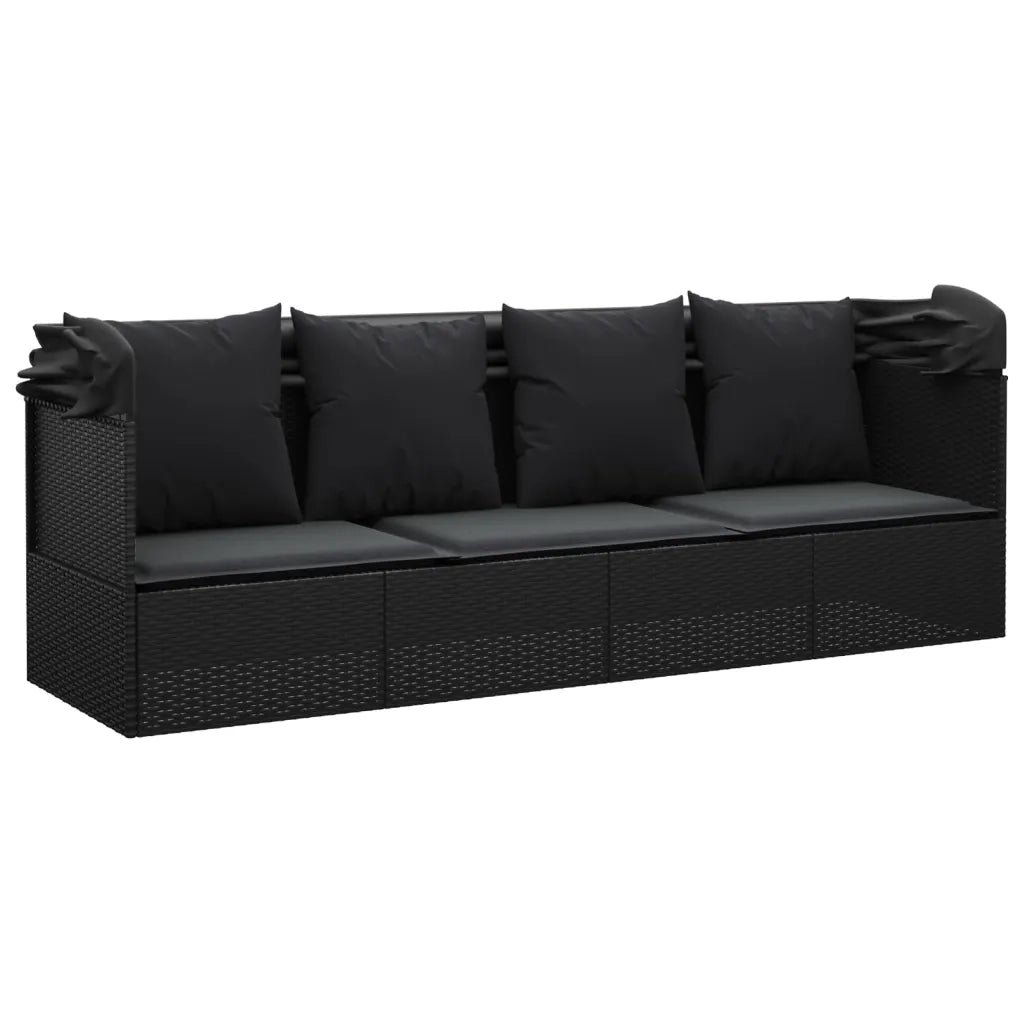 Lettino Prendisole | Sdraio da giardino | Lettino da sole Esterno con Tetto e Cuscini Nero Polyrattan