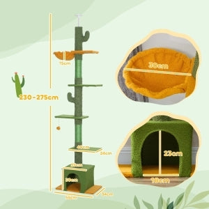 Tiragraffi per gatti da soffitto regolabile 230-275 cm con cuccia, amache, piattaforme e dispositivo anti-ribaltamento, verde