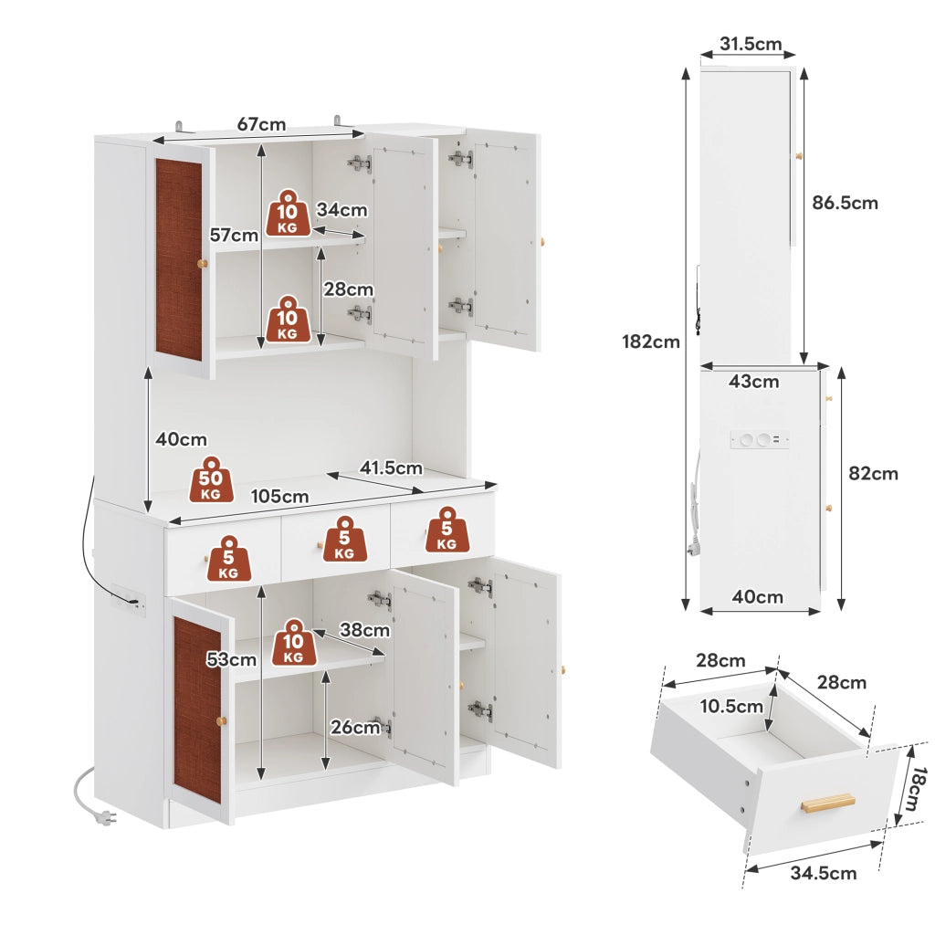 OKWISH Credenza da Cucina Alta con Ante, Cassetti e Vano Aperto, LED e Presa Integrata, per Cucina 105×43×182 cm