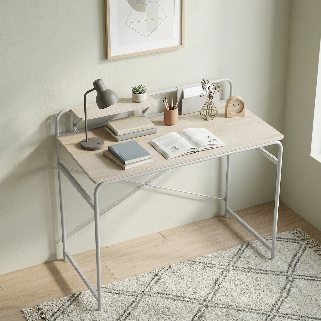 Scrivania Moderna con Scaffale e Struttura Metallo ¨C zephmum ¨C 98x48x88,5 cm Roble