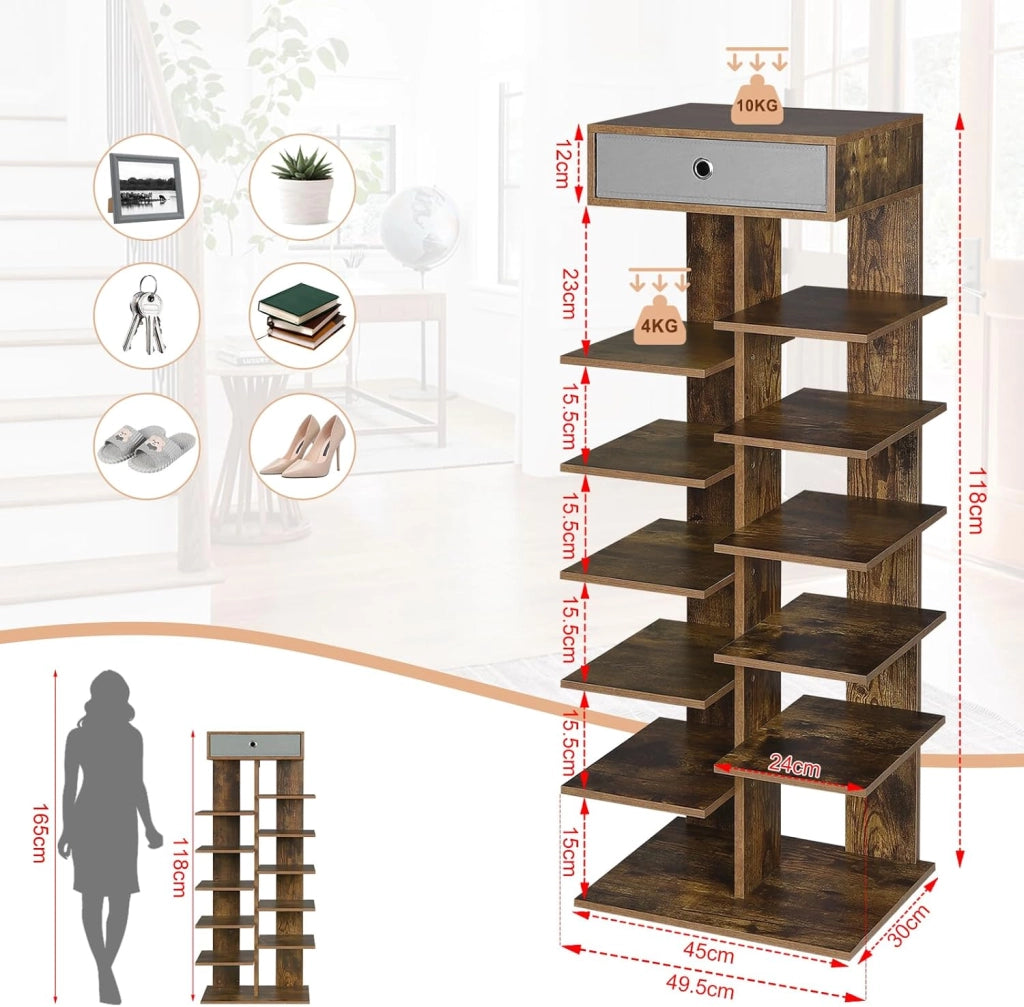 Scarpiera con cassetto, effetto legno, scarpiera con 12 ripiani, organizer per scarpe, per ingresso, corridoio, soggiorno, 49,5 x 118 x 30 cm