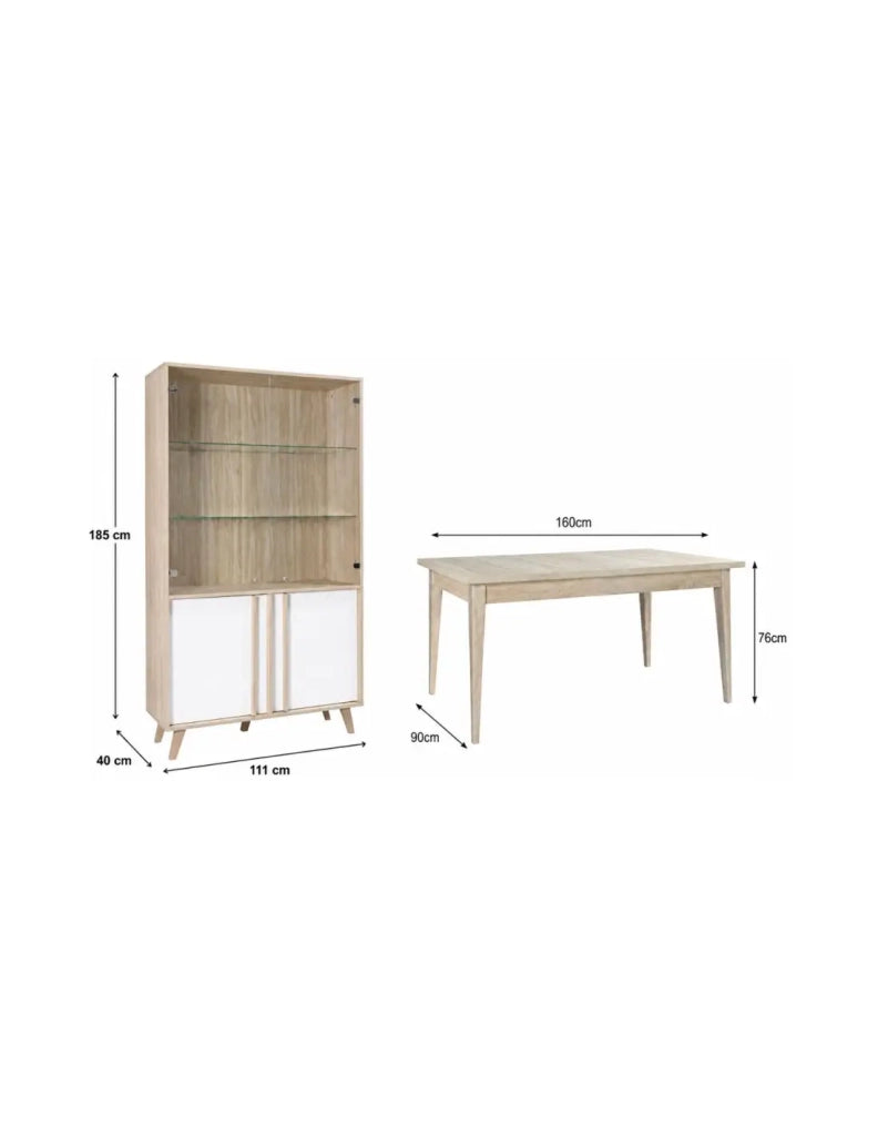 Sala da pranzo completa MALMO con tavolo 160 cm e vetrina LED – Rovere chiaro e bianco – Stile scandinavo