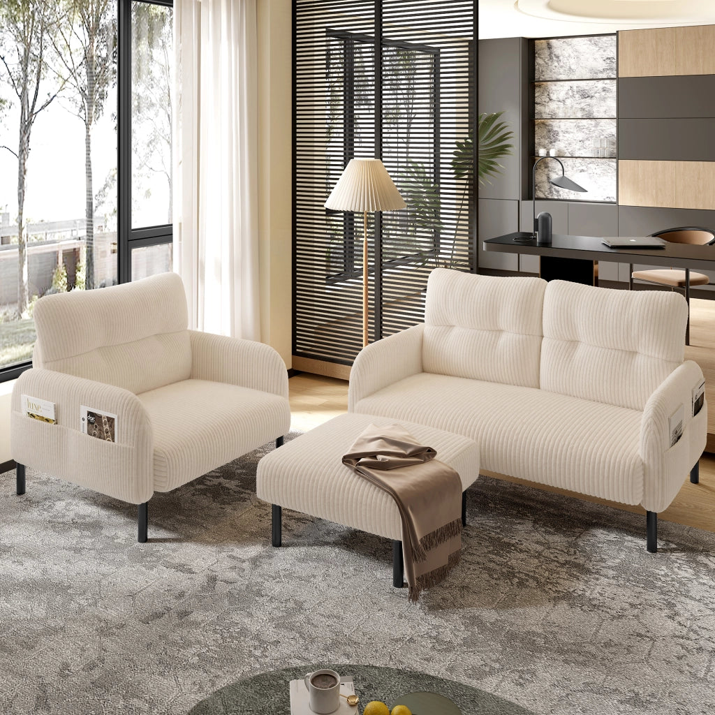 Poggiapiedi in Velluto a Coste con Struttura in Metallo; Seduta Imbottita Ergonomica; Uso Versatile; Beige