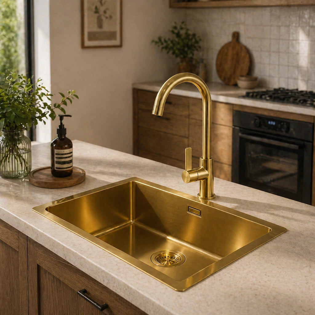 Rubinetto Cucina Oro Lucido Canna Alta Girevole Miscelatore Lavello 94024