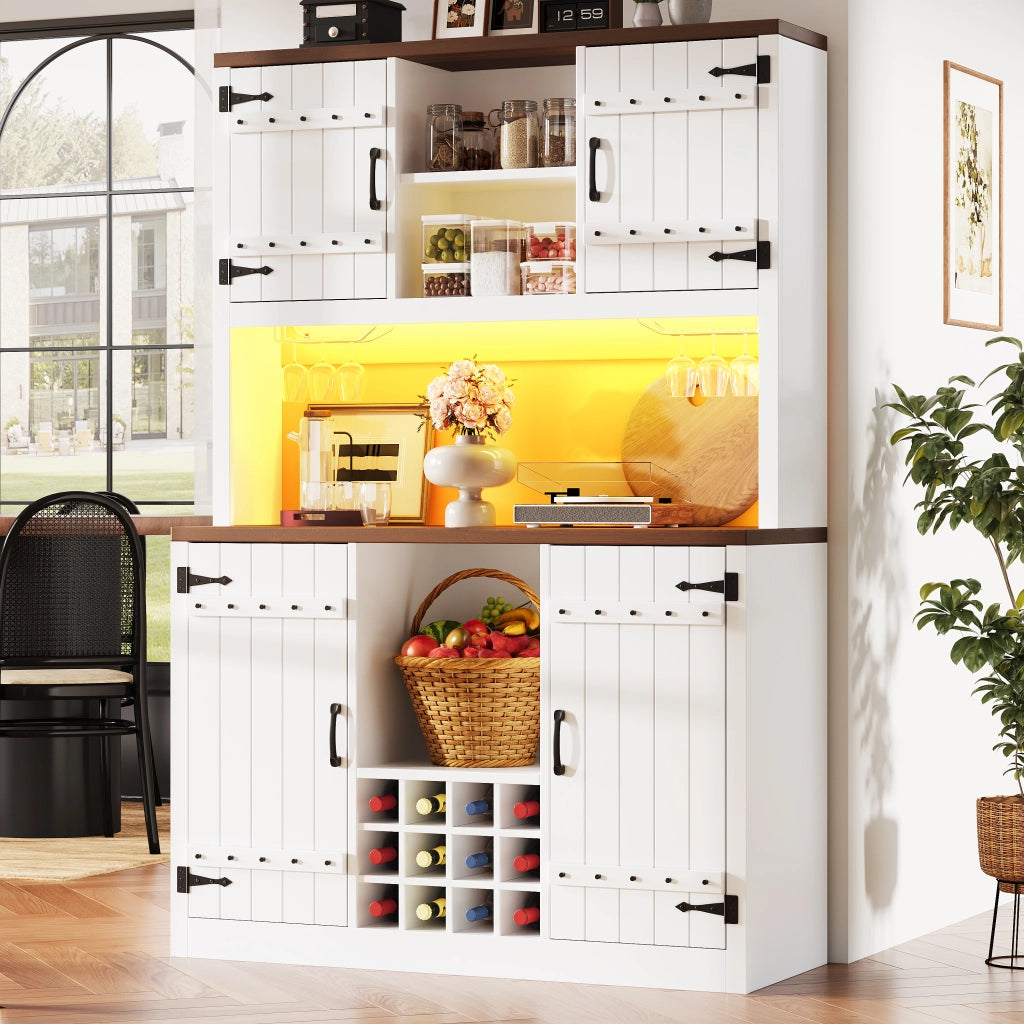 Credenza alta con LED RGB, 2 ante e vano aperto, ripiani regolabili, per cucina e soggiorno, bianco, 120 × 40 × 180 cm