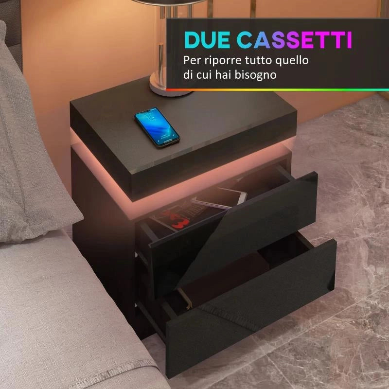 COMODINO LED A 16 COLORI E 4 MODALITÀ CON 2 CASSETTI, IN LEGNO, 45X35X52 CM, NERO