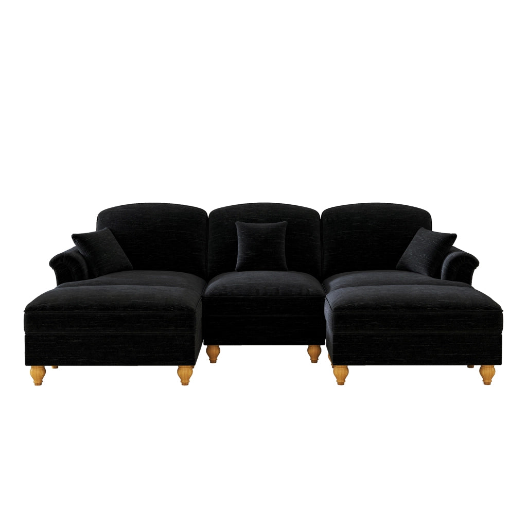 Divano Modulare U a 5 Posti in Chenille con Poggiapiedi ¨C MINIMAL ¨C Nero, Morbido