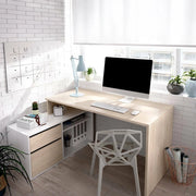 Scrivania Andor, Scrittoio multiposizione da ufficio o cameretta, Tavolo da studio angolare multiuso, 139x92h75 cm, Bianco e Rovere