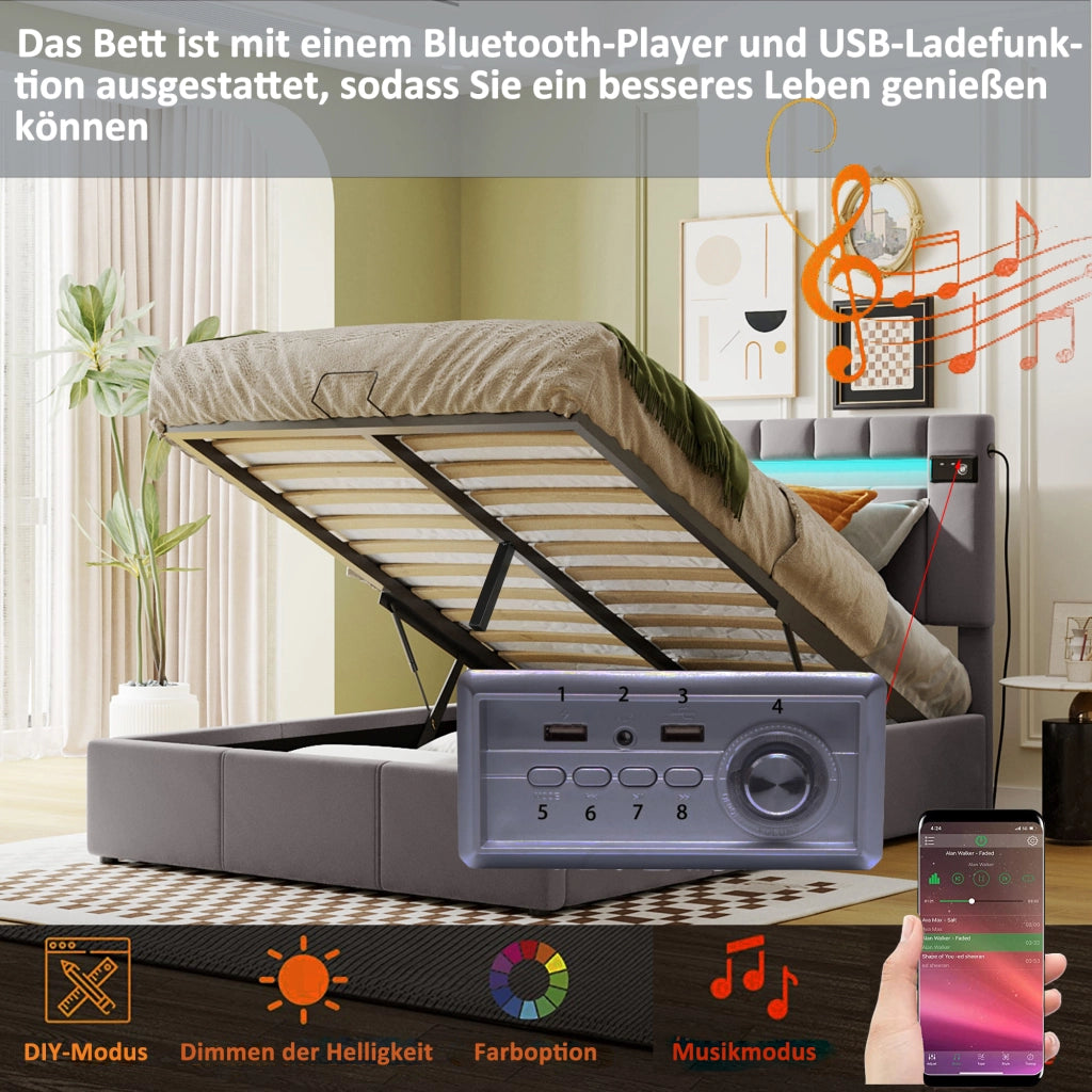 Letto imbottito grigio in velluto con LED; Bluetooth; USB e contenitore idraulico