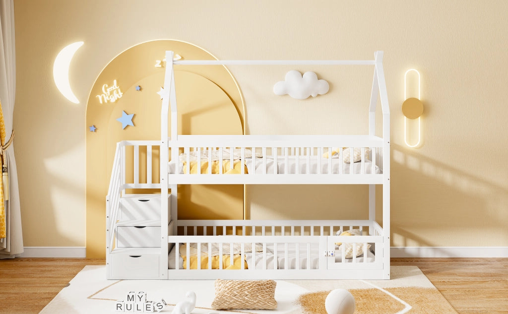 DESMIU Letto a castello per bambini 90 × 200 cm 1 posto con scala, cassetti e tetto, senza materasso, in legno bianco
