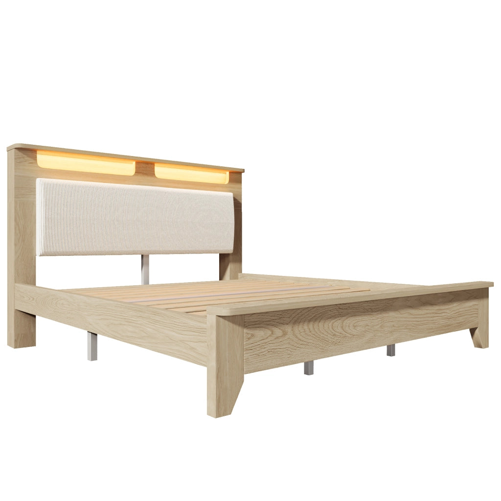 OKWISH Letto Contenitore 140×200 cm, Letto Matrimoniale con Contenitore in Testiera, LED Regolabile e Mensole, senza Materasso, Beige