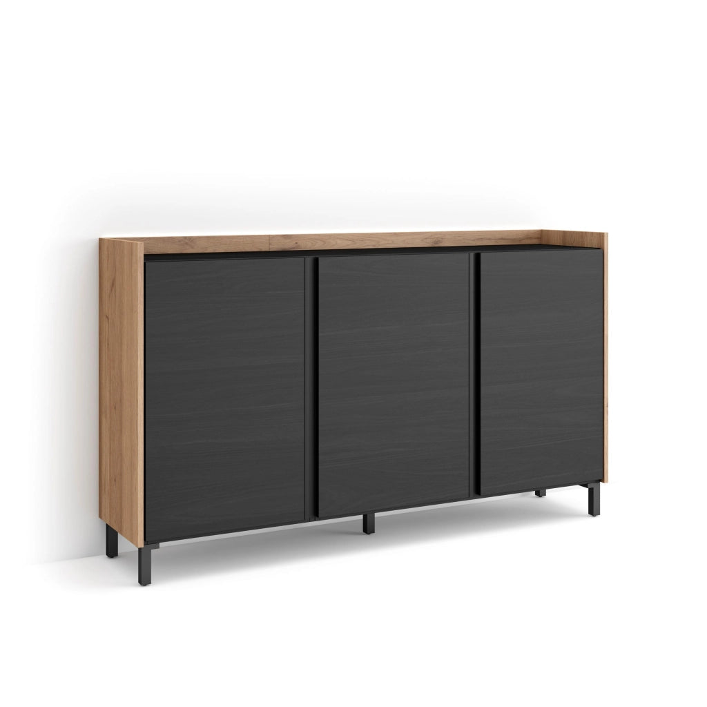 Credenza, Mobile, Cucina, 156x91x35 cm, 3 Porte, Design industriale, LED, Nero e rovere