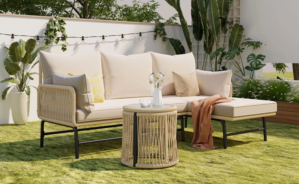 Set giardino: metallo + corda beige; sedute L + tavolo; uso esterno