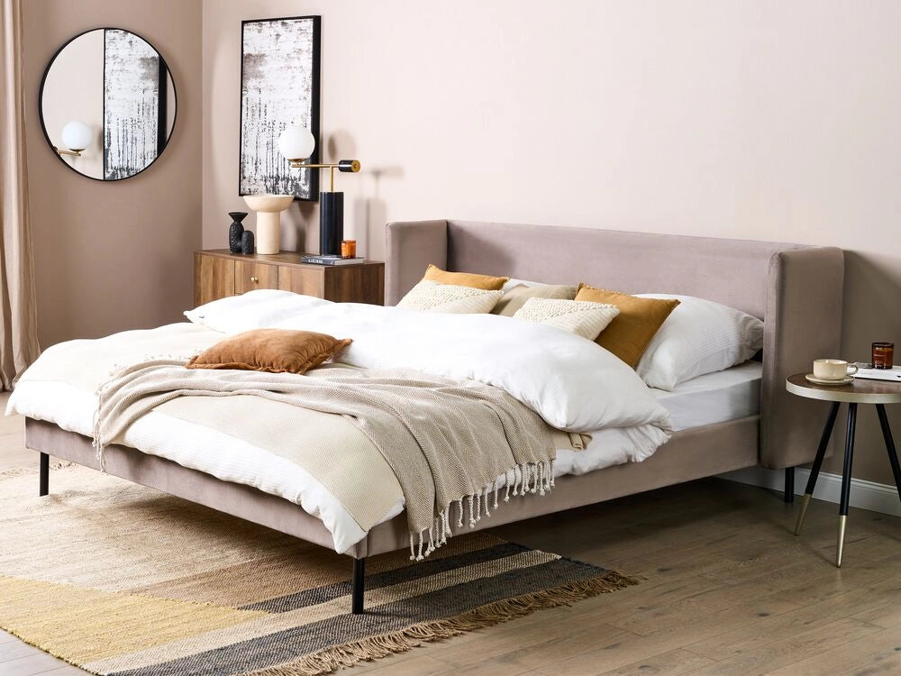 Letto con rete a doghe velluto tortora 180 x 200 cm testiera e gambe nere camera da letto soggiorno