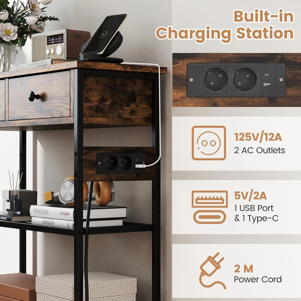 Tavolo da Tngresso con Stazione di Ricarica USB Type-C, Consolle Industriale con Cassetti e Ripiani, 81 x30 x 81 cm