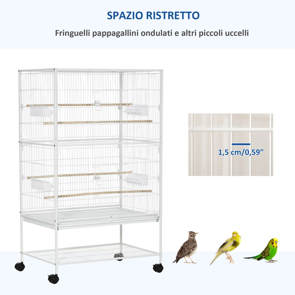 Gabbia per Uccelli da Interni con Vassoio Estraibile, 4 Ruote e Trespolo, 78x52x132 cm, Bianco