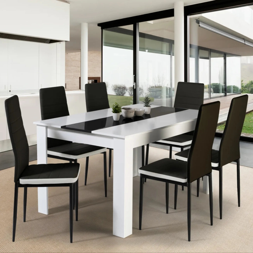 IDMarket - Tavolo da pranzo GEORGIA 140 cm bianco e nero e 6 sedie ROMANE nere con bordo bianco