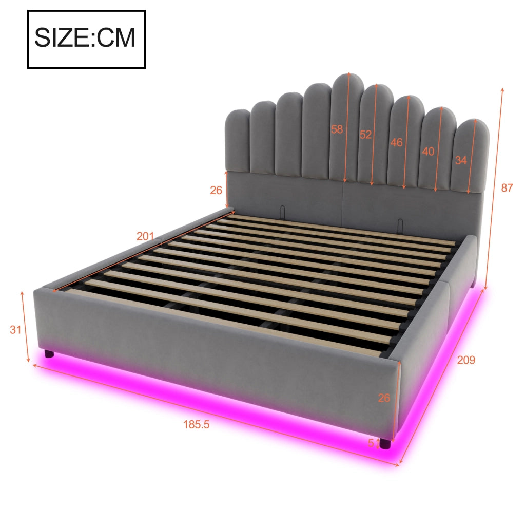 Letto imbottito 180x200 cm con contenitore idraulico e LED in velluto grigio