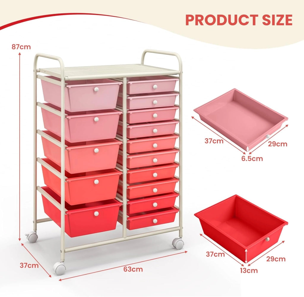 Carrello con 15 Cassetti, Impilabile, con Ruote Bloccabili per Cucina, Bagno, Ufficio - 63 x 37 x 87 cm (Rosa)