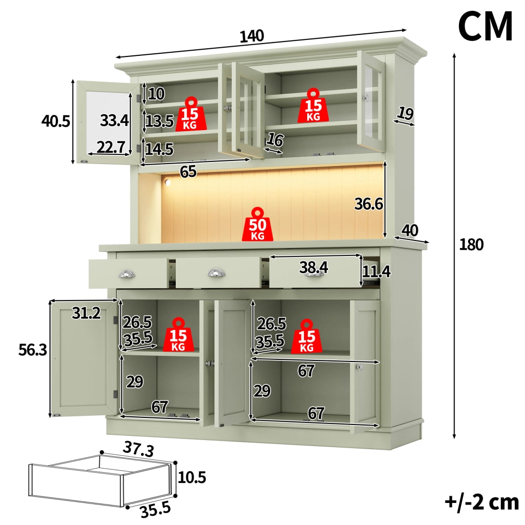 Credenza alta con ripiani regolabili; LED RGB; anta in acrilico e sistema antiribaltamento per sala da pranzo; 140×40×180 cm