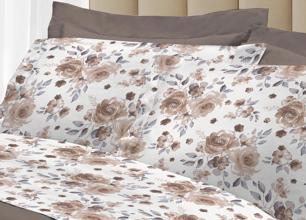 Completo Lenzuola Letto 100% Cotone Italy 3027 Disegno Rosa - Singolo - Beige