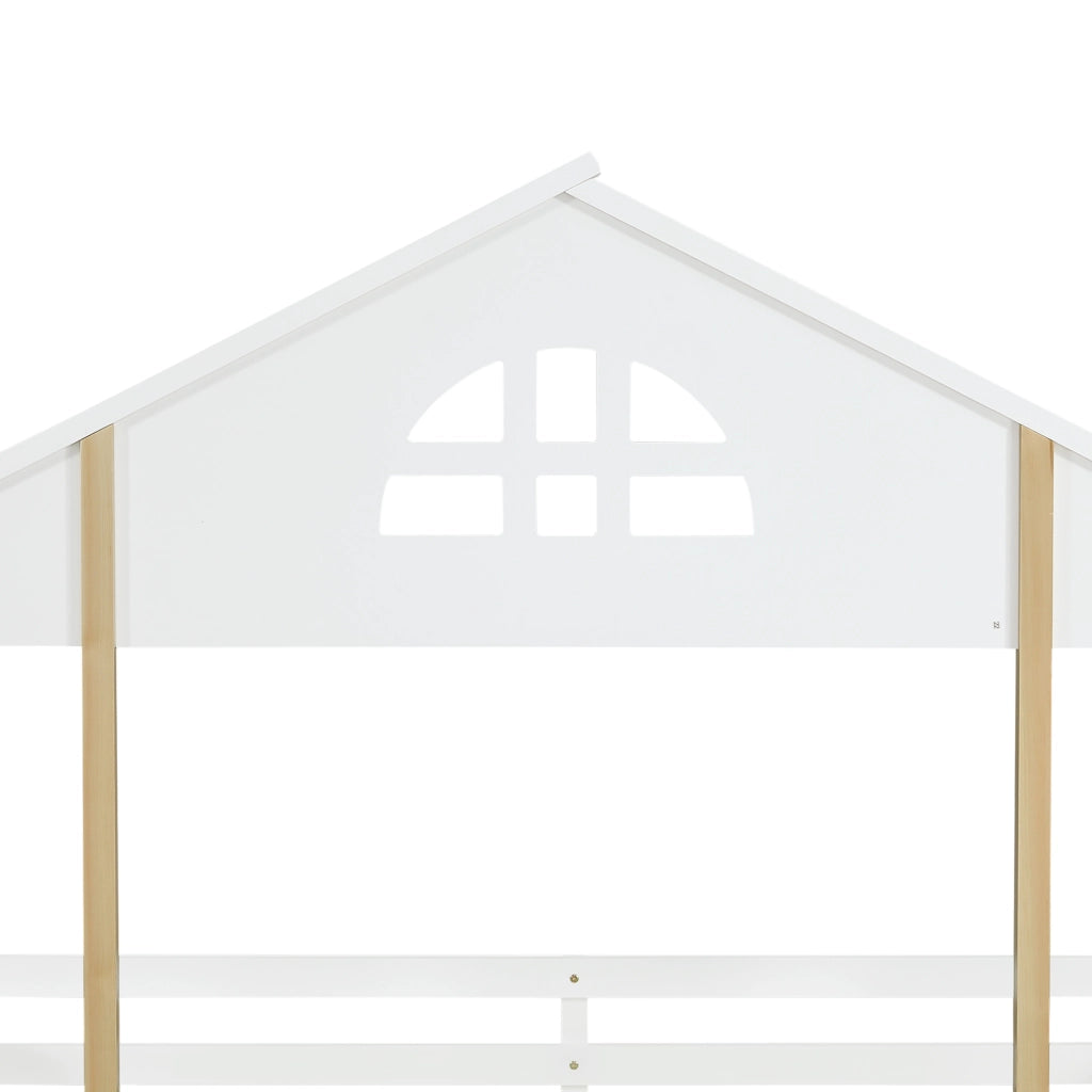 Letto a castello 90x200 cm con scivolo e scala a tre gradini in legno e MDF bianco e colore naturale