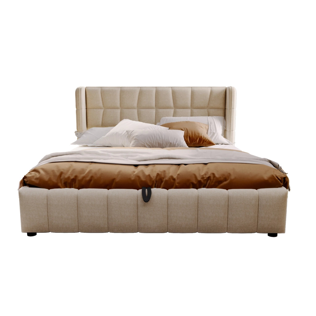 Letto contenitore 180 × 200 cm con sollevamento a gas, senza materasso, in tessuto effetto lino beige