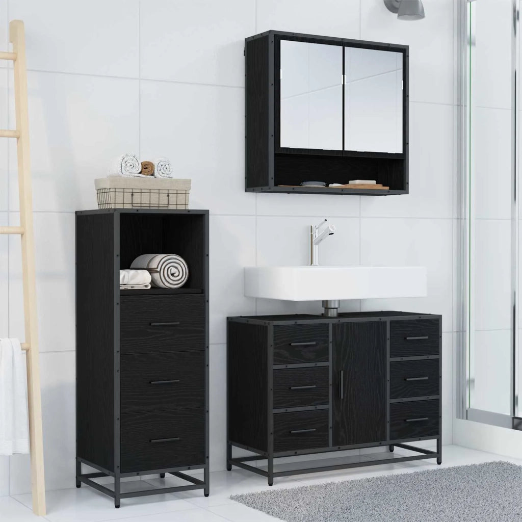 Set di mobili per il bagno 3 pcs Rovere Nero Legno multistrato