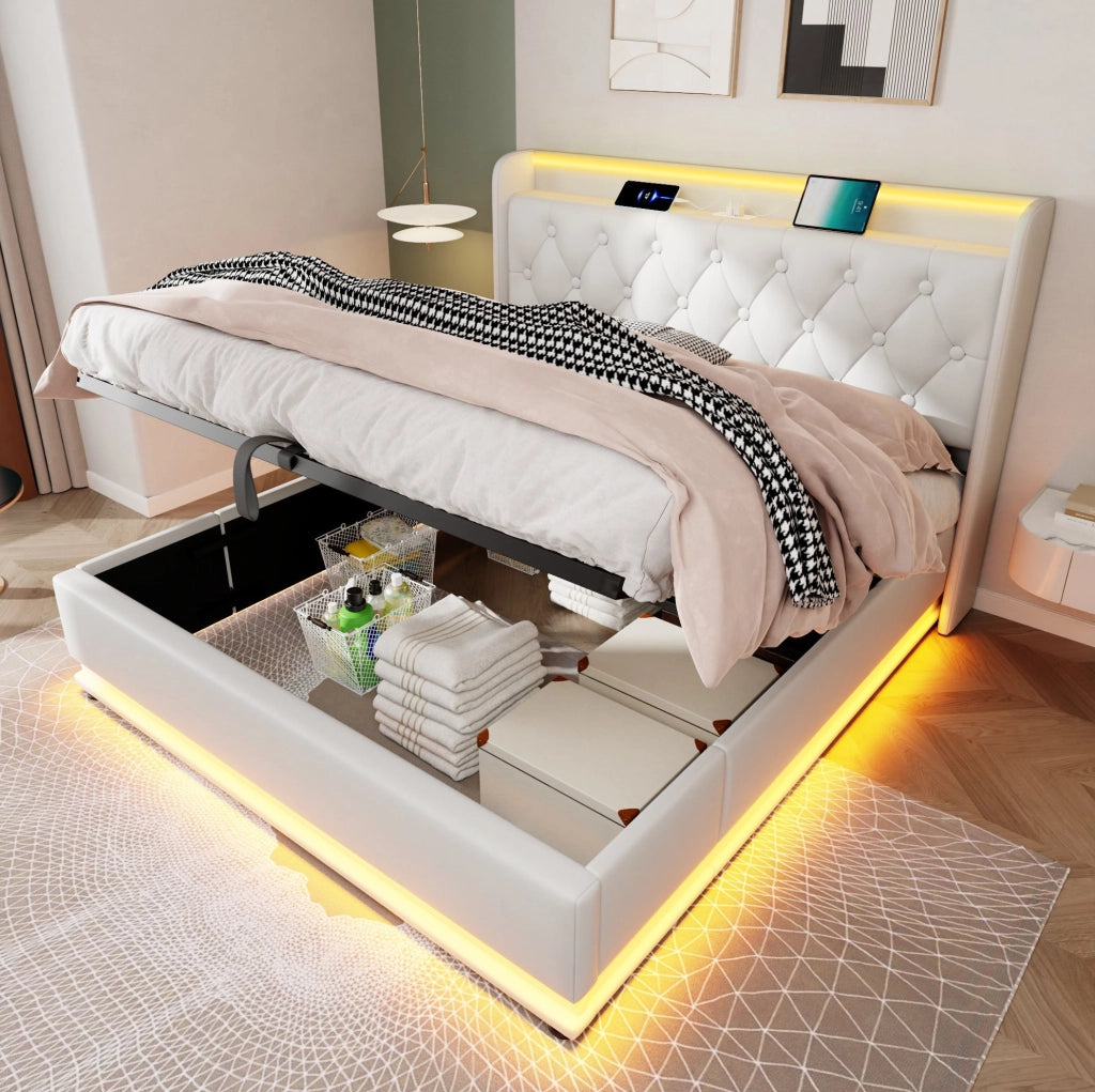 Letto matrimoniale 160x200 cm con LED, USB-C e contenitore