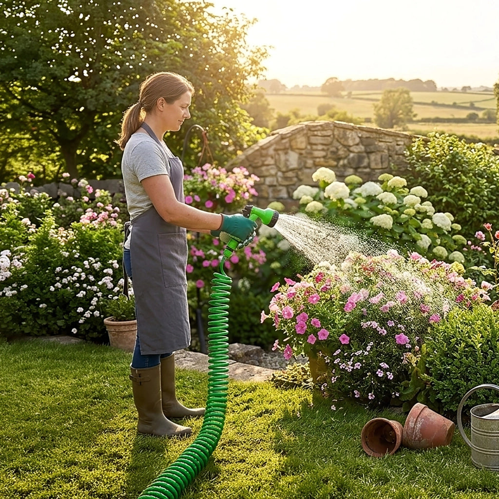 Tubo Irrigazione Spiralato con Pistola Multifunzione 7,5 / 10 / 15 m Estensibile da Giardino con Raccordi Rapidi 10 Metri