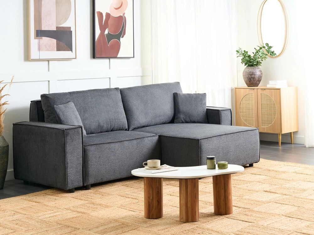 Divano letto angolare a sinistra Grigio Scuro Tessuto poliestere imbottito 3 posti a L con cuscini Funzione letto Stile moderno Soggiorno