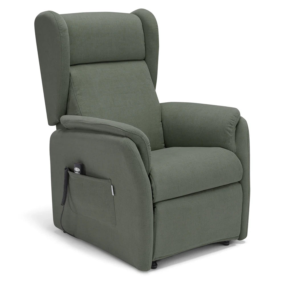 Poltrona relax elettrica FIRENZE MADE IN ITALY per anziani e disabili, 2 motori, 4 ruote, con Kit Batteria, tessuto antimacchia, colore Verde Foresta