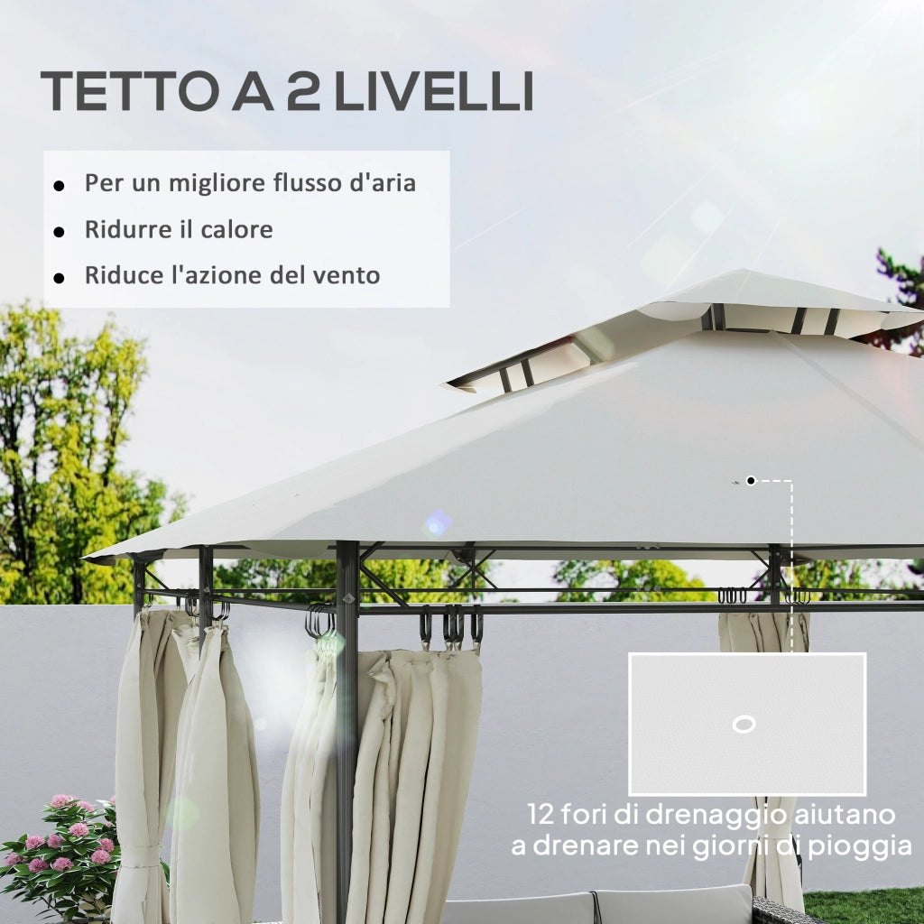 Gazebo da Giardino 3x4 m con Tende Rimovibili. Doppio Tetto e Struttura in Metallo. Crema