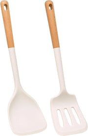 Set di accessori da cucina in silicone con maniglia in legno - Duraturo e antiaderente, cucina e pulizia facile - Progettazione ergonomico per comodità (bianco)