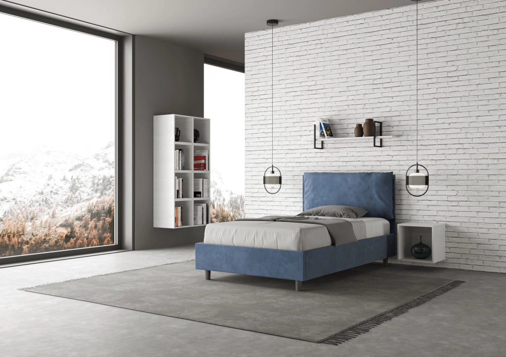 BS COM Letto una piazza e mezza con rete imbottito 110x210 microfibra blu