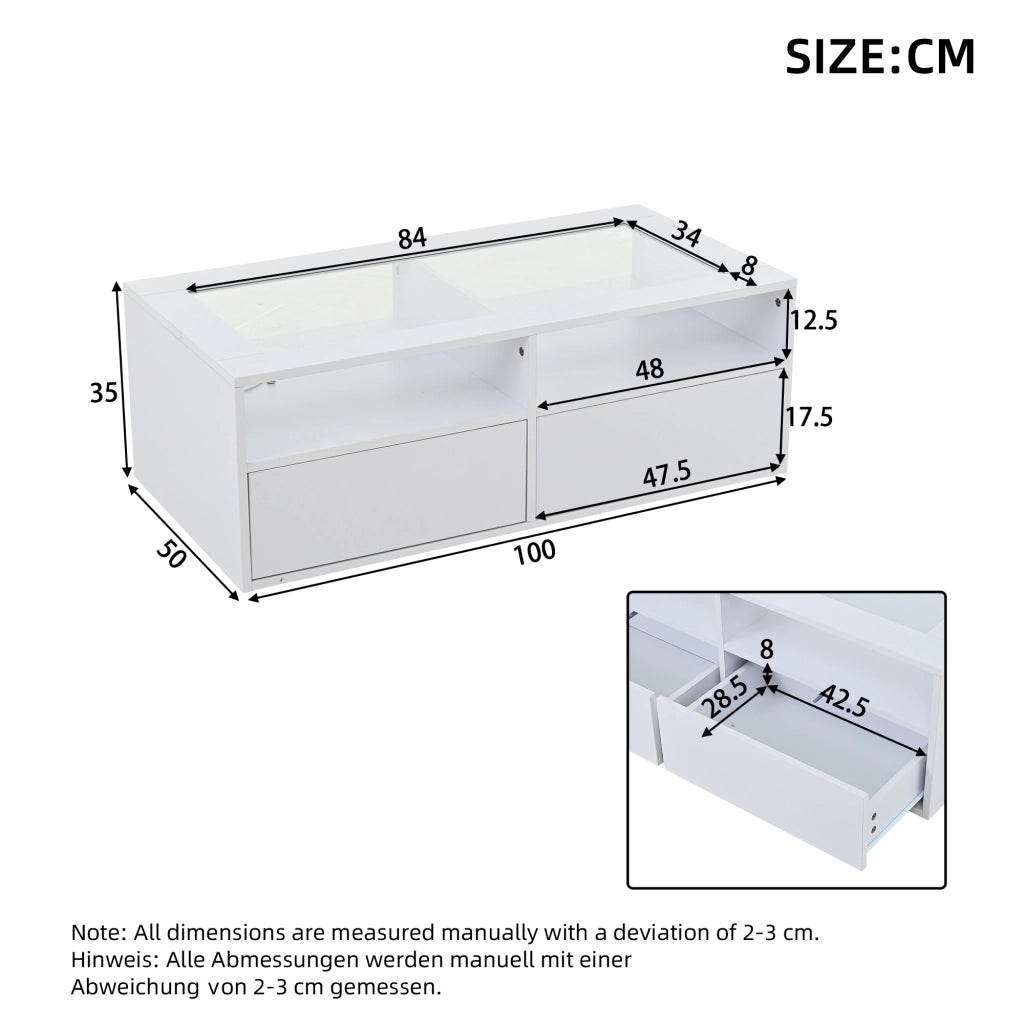 Tavolino da caffè con 2 cassetti; LED e USB - per soggiorno - 100×50×35 cm - bianco