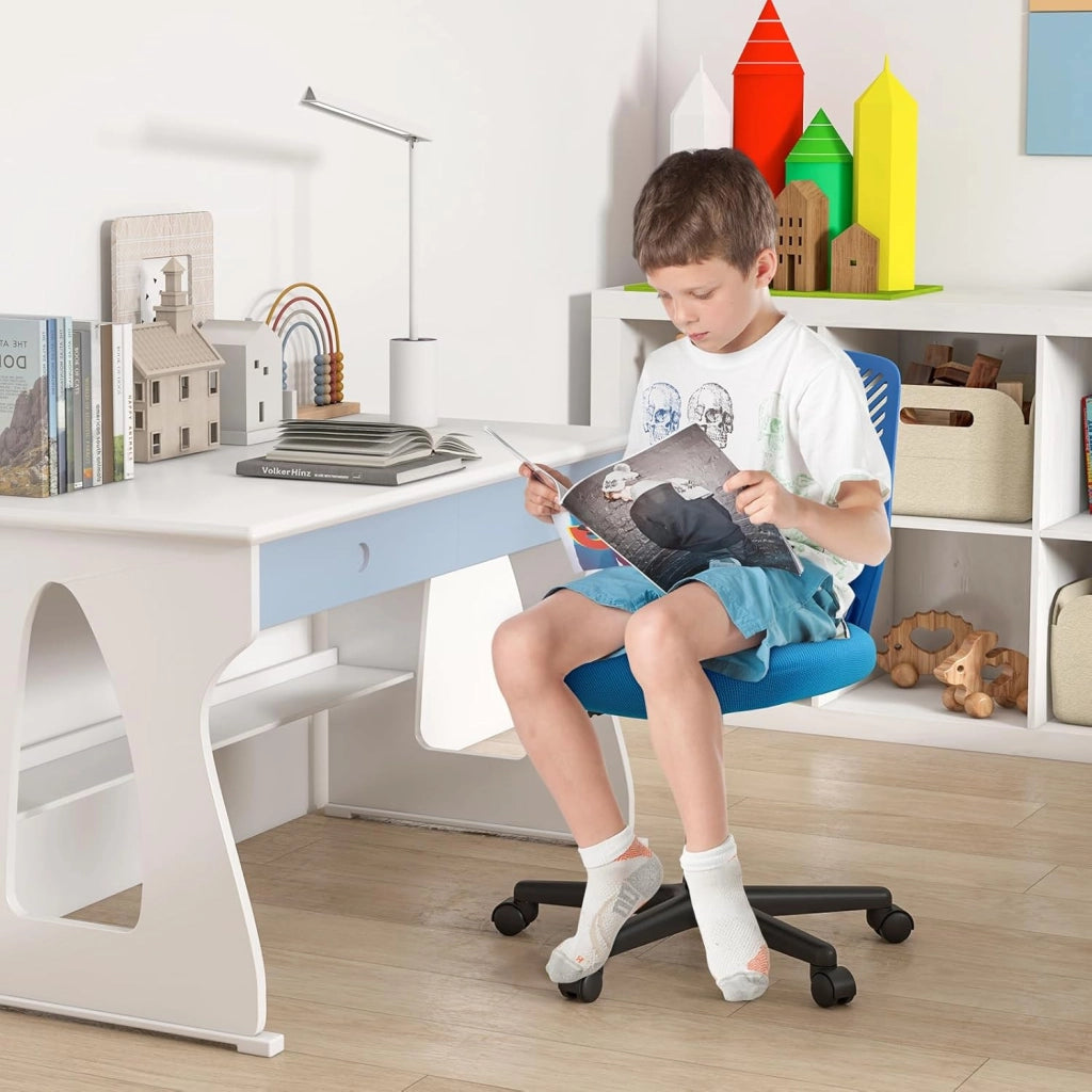 Sedia da scrivania per bambini, graziosa sedia da ufficio con schienale a forma di S e seduta imbottita, sedia da studio girevole senza maniche su ruote, per ragazzi e ragazze (blu)
