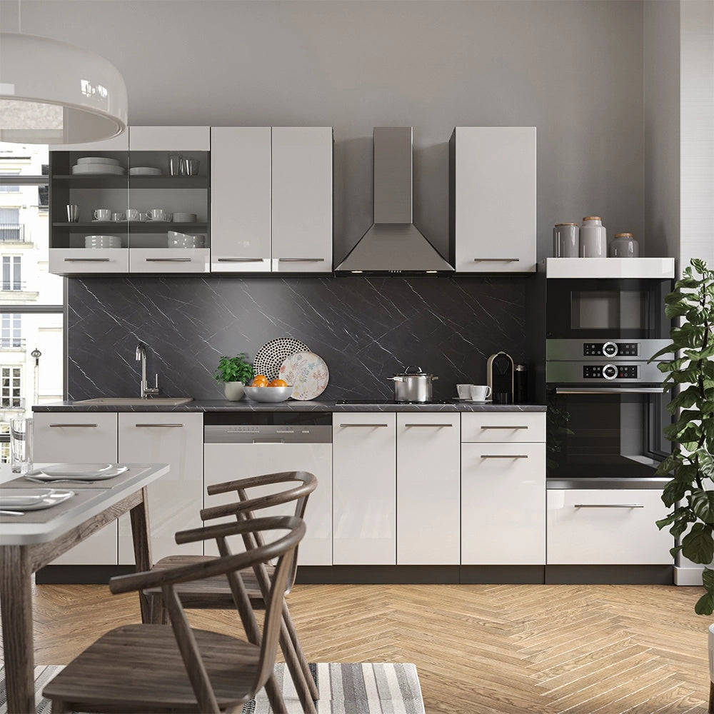 Cucina componibile Fame-Line Bianco lucido/Antracite 300 cm con armadio alto, PL Marmo Vicco