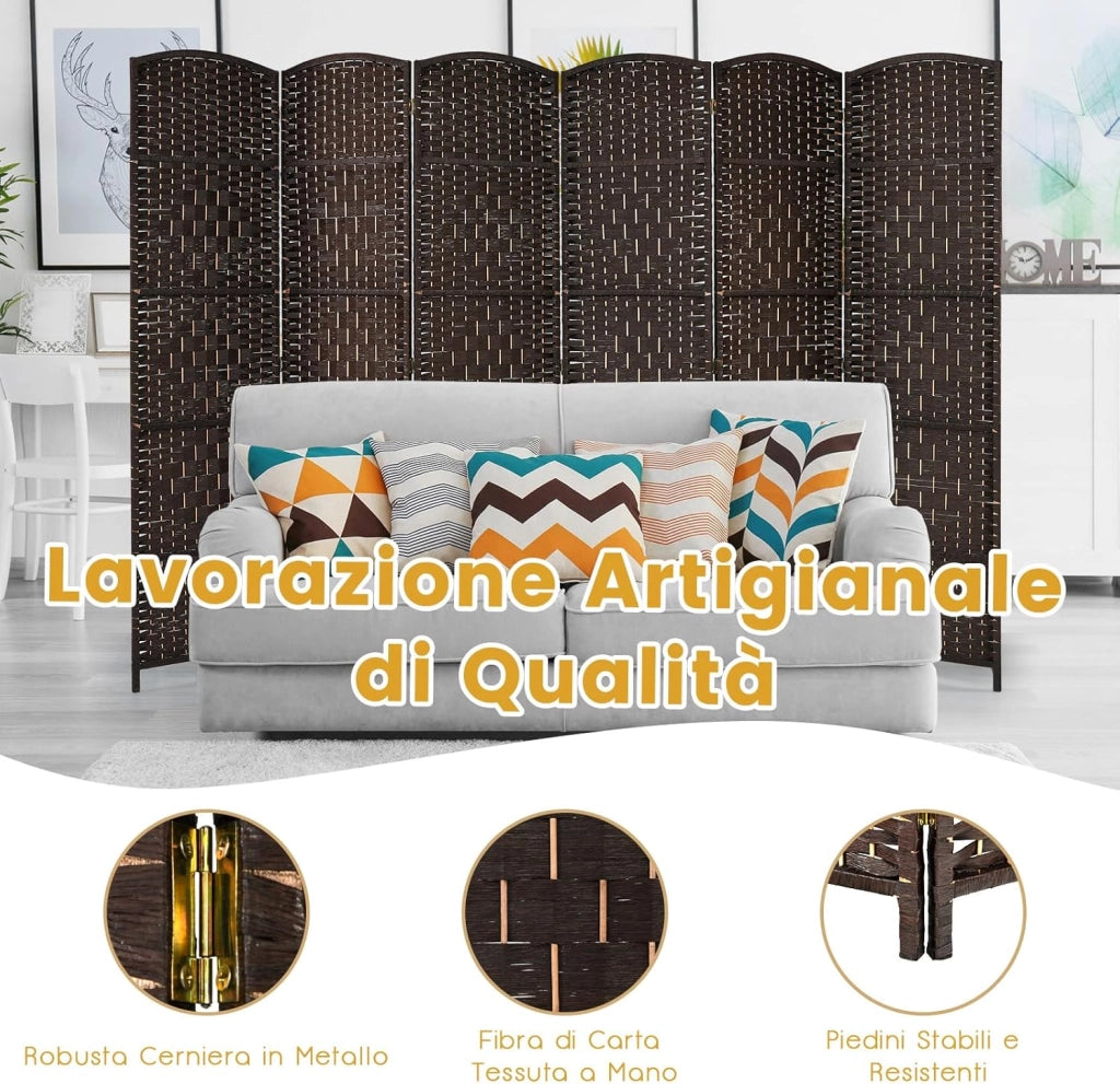 Paravento da Interno ed Esterno 6 Pannelli, Separé Divisorio Pieghevole in Carta Intrecciata a Mano e Cornice in Legno Massello per Camera da Letto, Soggiorno e Ufficio, 273 x 180 cm (Marrone)