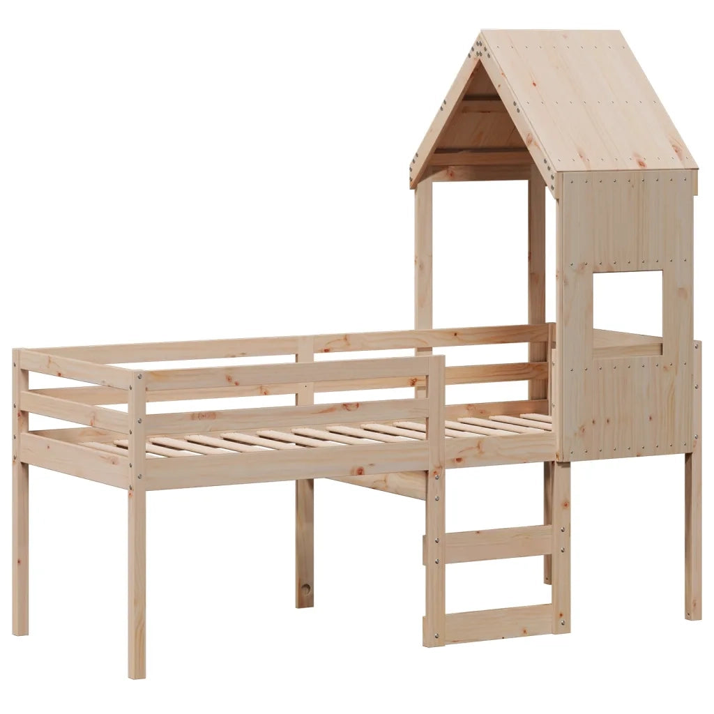 Letto a Soppalco con Tetto 90x190 cm Legno Massello di Pino