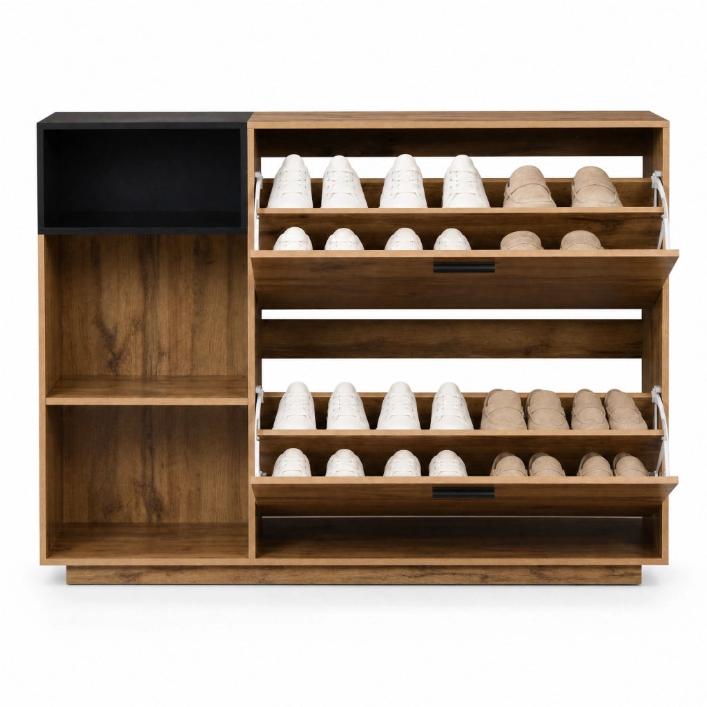 Scarpiera con 2 ante a ribalta e 3 vani aperti - per ingresso - in MDF - 120×32×84.5 cm - naturale