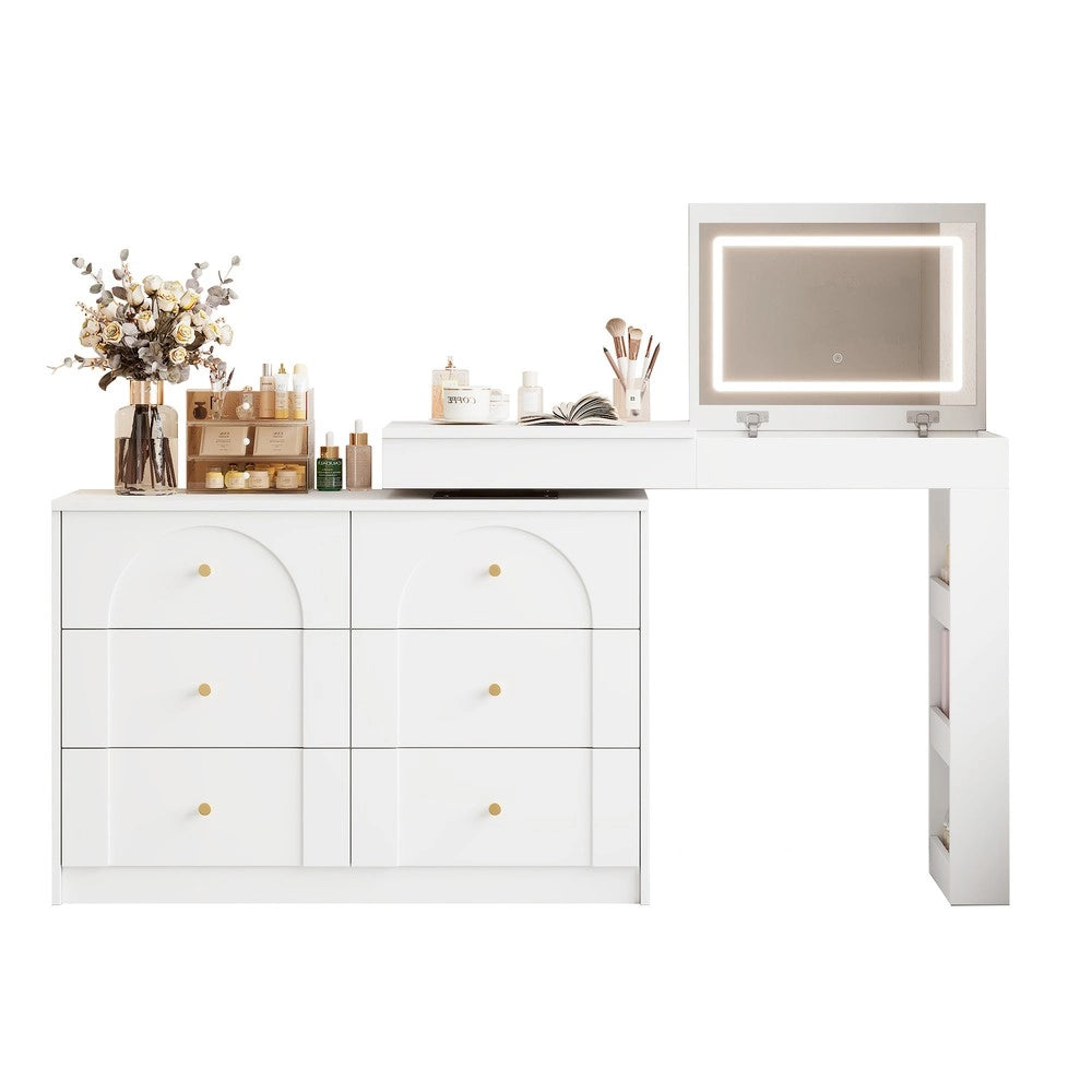 Scrivania Girevole con Specchio e LED ¨C Xylo ¨C Bianco, 105x40x80 cm