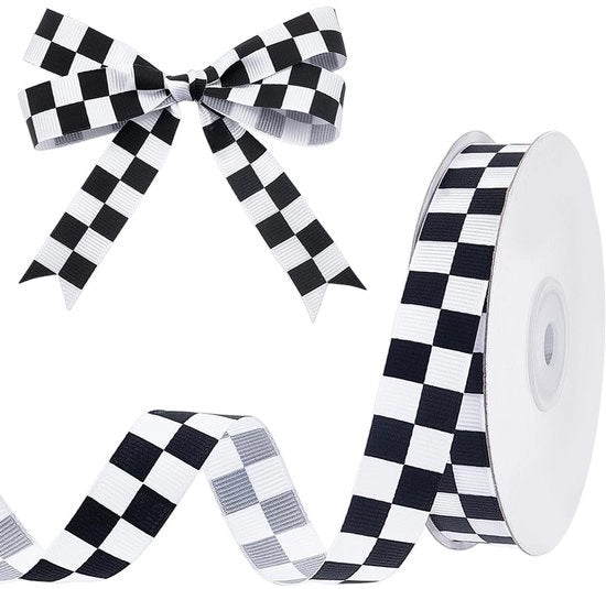 Tessuto in Lint Grosgrano 27 Metri - Nero e Bianco a Quadri - Tema Auto da Corsa - Lint Decorativo - Sostenibile - 2 cm di Larghezza - Lint Decorativo