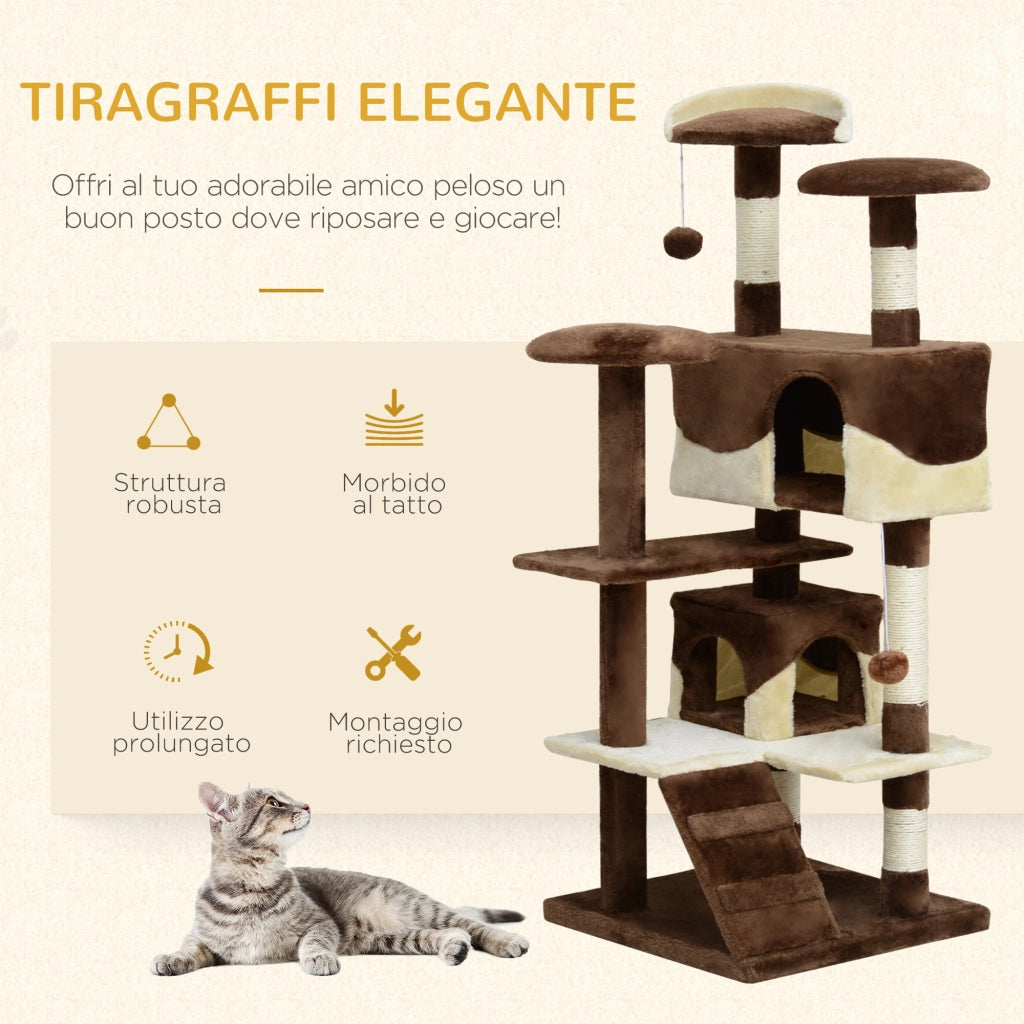 EasyComfort Albero Tiragraffi per Gatti in Peluche e Sisal con Cucce e Pallina 50×50×134.5cm Caffè e Crema