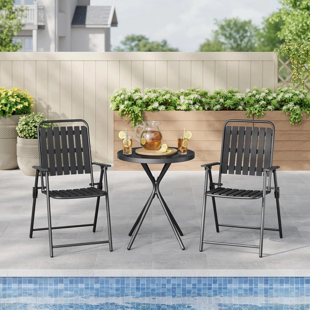 Set di Mobili da Esterno 3 Pezzi, Tavolo con 2 Sedie Pieghevoli, Struttura in Metallo, Resistente alle Intemperie, per Giardino, Terrazza e Balcone, Nero