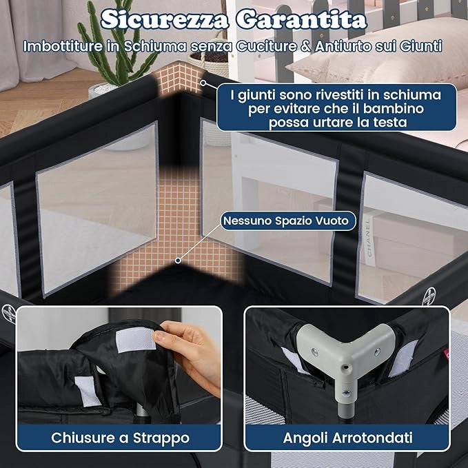 Box per Bambini 150 x 150 cm, Recinto per Bambini Pieghevole in Tessuto Oxford con Rete Traspirante, Box con Giochi che Include 50 Palline, 4 Pezzi Anelli e Borsa (Nero, 150 x 150 cm)