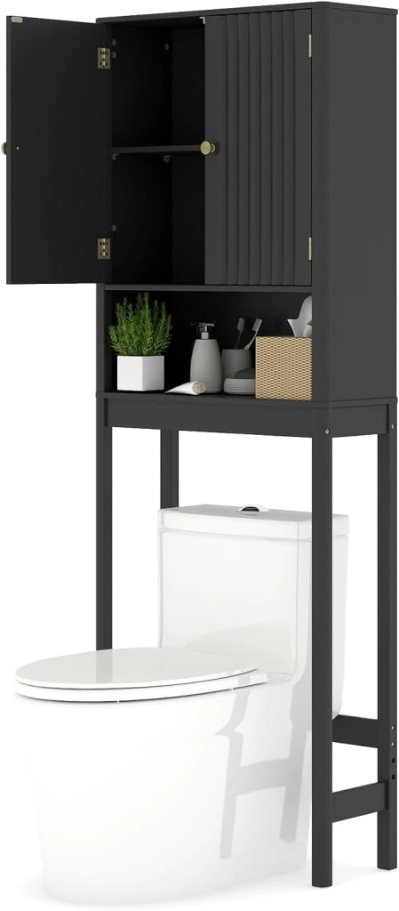Mensola WC con ripiani regolabili, armadietto WC con 2 ante e ripiano aperto, 60 × 23 × 168 cm, salvaspazio per bagno e lavanderia (nero)
