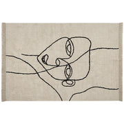 Tappeto in cotone beige e nero 160 x 230 cm rettangolare con frange motivo viso fantasia astratta stile boho moderno per soggiorno camera da letto
