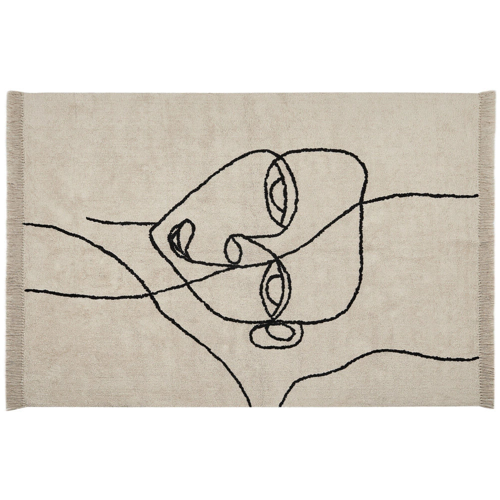 Tappeto in cotone beige e nero 160 x 230 cm rettangolare con frange motivo viso fantasia astratta stile boho moderno per soggiorno camera da letto