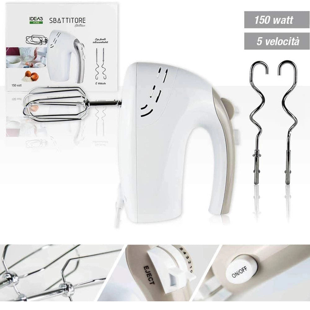 Trade Shop - Frusta Elettrica Sbattitore Frullatore 150w 5 Velocita' Mixer Impastatore Ganci -